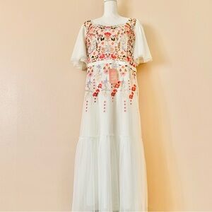 Ivy City Co Evangelina White Flutter Sleeve Embroidered Floral Tulle Maxi Dress.